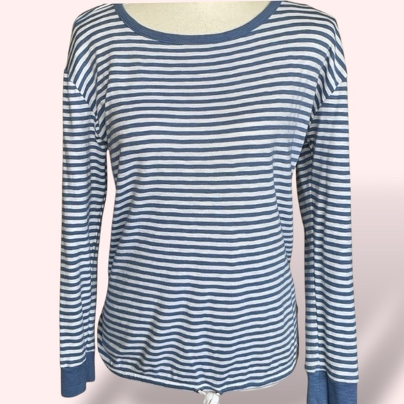 Jones New York Blue Stripe Long Sleeve Drawstring Waist Crewneck Top Tee Sz M - Picture 1 of 14